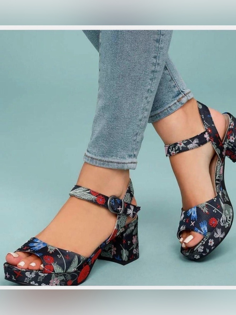 CL by Laundry Navy Floral Platform Sandals with Ankle Strap